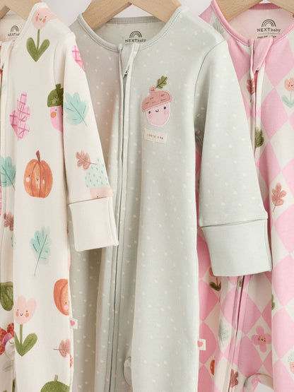 Sage Green Pumpkin Two Way Zip Baby Sleepsuits 3 Pack (0-3yrs) image 7