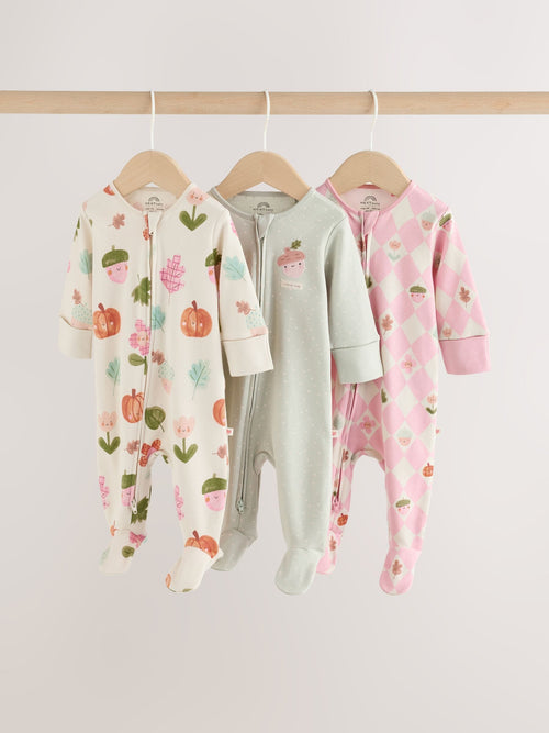 Sage Green Pumpkin Two Way Zip Baby Sleepsuits 3 Pack (0-3yrs) image 1