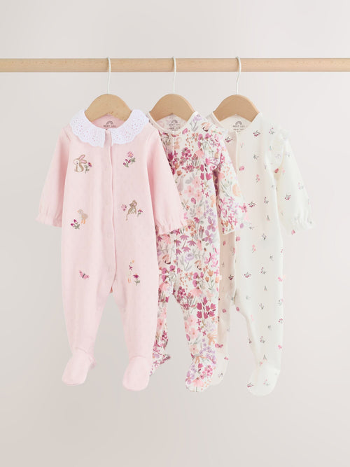 Pink Floral Bunny Baby Sleepsuits 3 Pack (0mths-2yrs) image 1