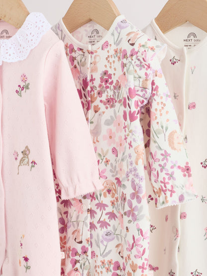 Pink Floral Bunny Baby Sleepsuits 3 Pack (0mths-2yrs) image 7