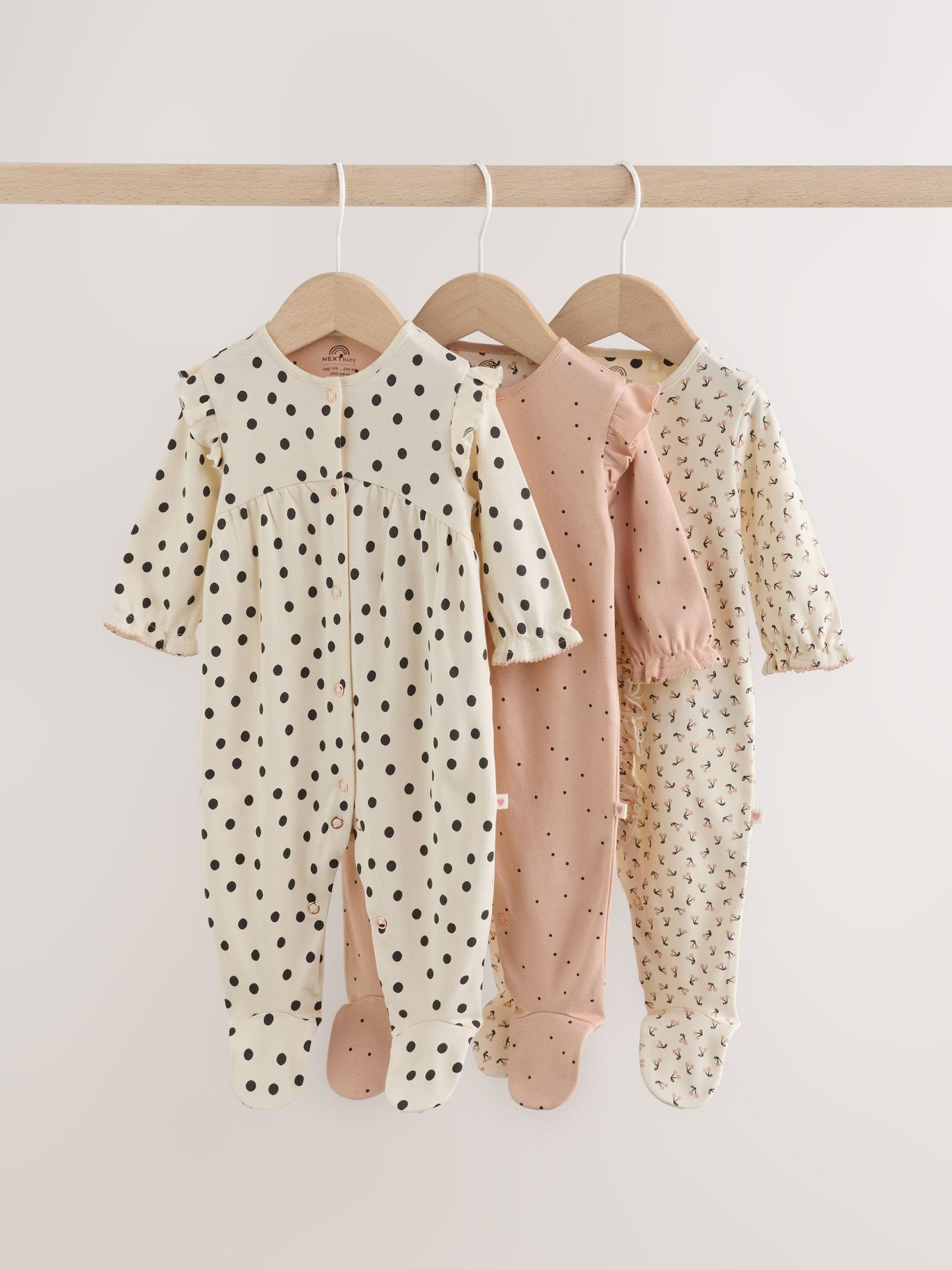 Cream/Pink Polka Dot Baby Sleepsuits 3 Pack (0mths-2yrs) image 1