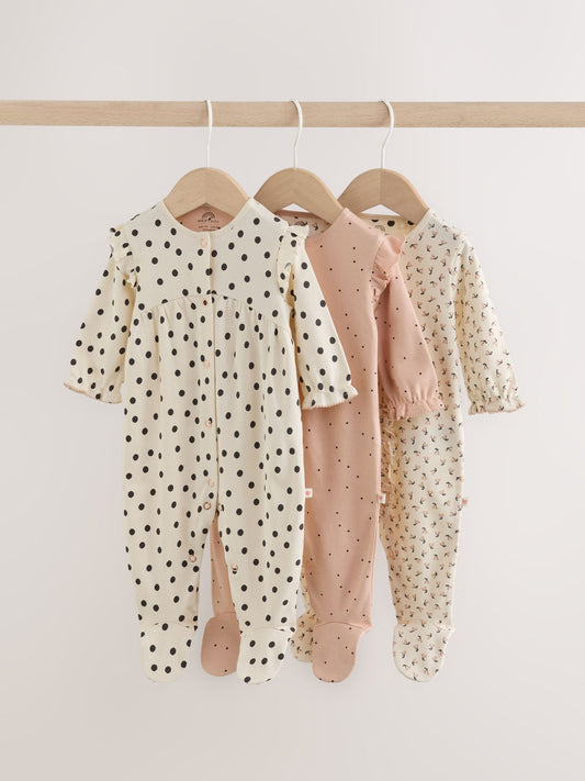 Cream/Pink Polka Dot Baby Sleepsuits 3 Pack (0mths-2yrs) image 1
