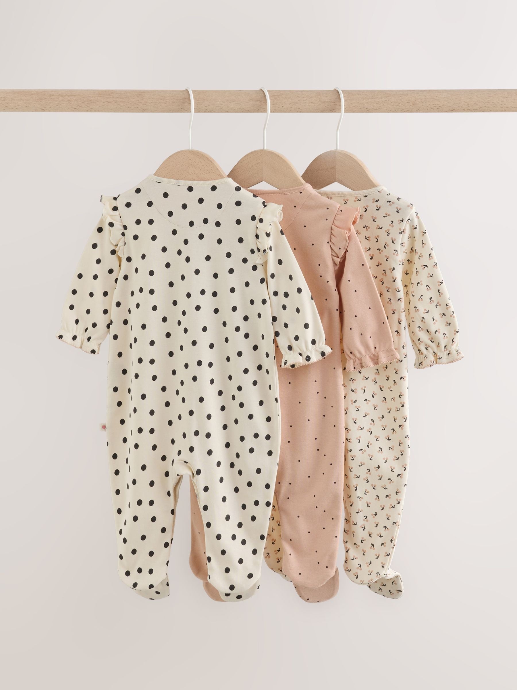 Cream/Pink Polka Dot Baby Sleepsuits 3 Pack (0mths-2yrs) image 2