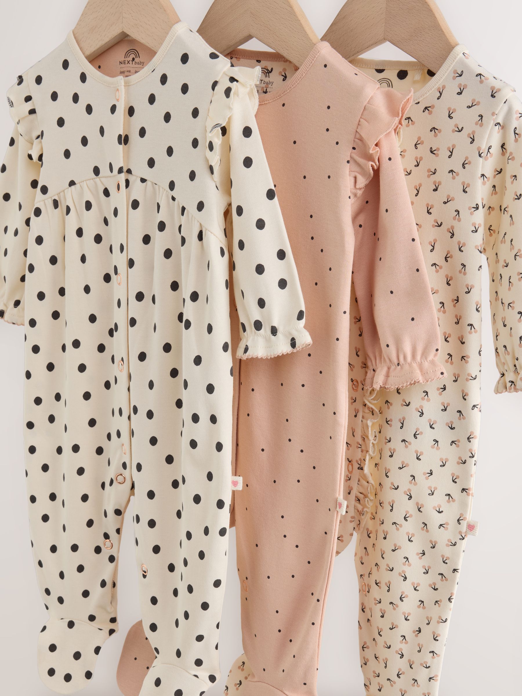 Cream/Pink Polka Dot Baby Sleepsuits 3 Pack (0mths-2yrs) image 7