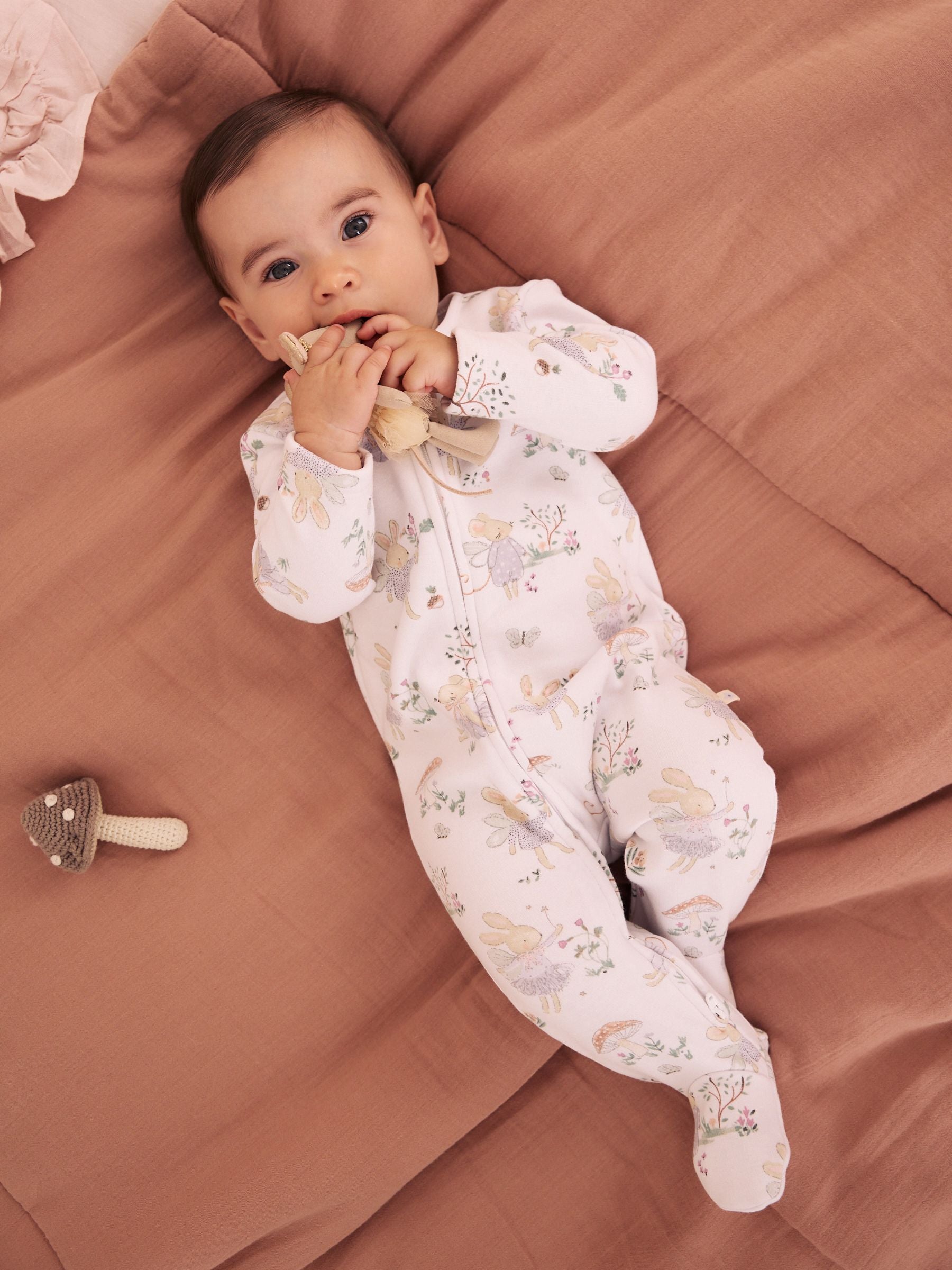 White/Lilac Fairy Mouse Fleece Lined Two Way Zip Baby Sleepsuit image 1