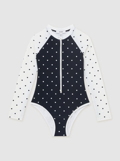 Reiss Navy/Ivory Sally 3-9 yrs Polka-Dot Long-Sleeve Swimsuit image 1