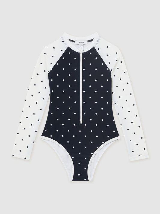 Reiss Navy/Ivory Sally 3-9 yrs Polka-Dot Long-Sleeve Swimsuit image 1