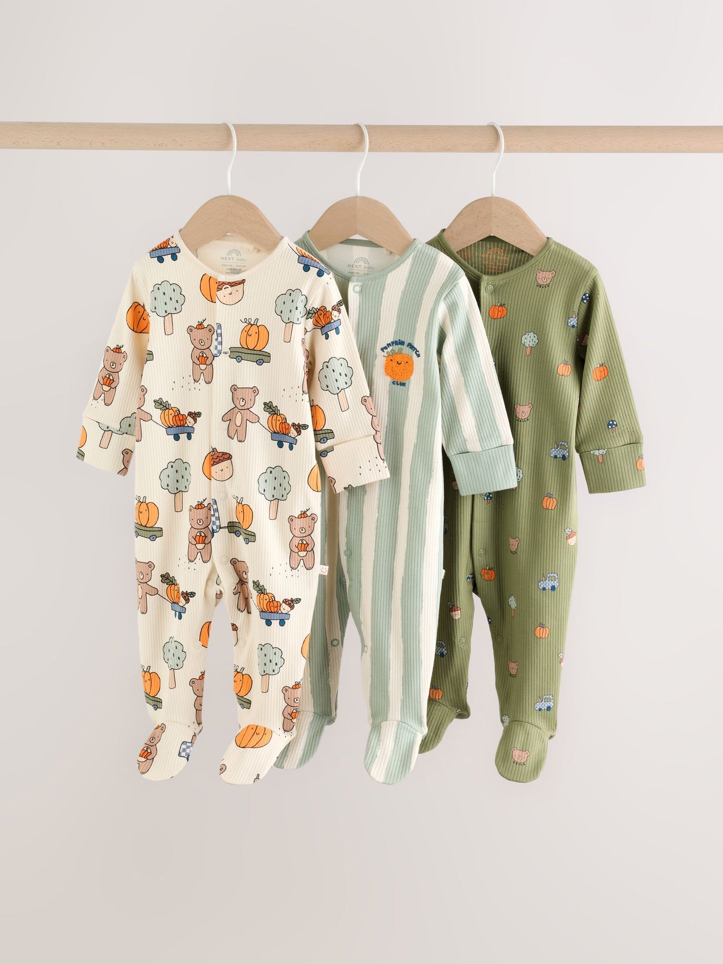 Sage Green Pumpkin Baby Sleepsuit 3 Pack (0mths-2yrs) image 1