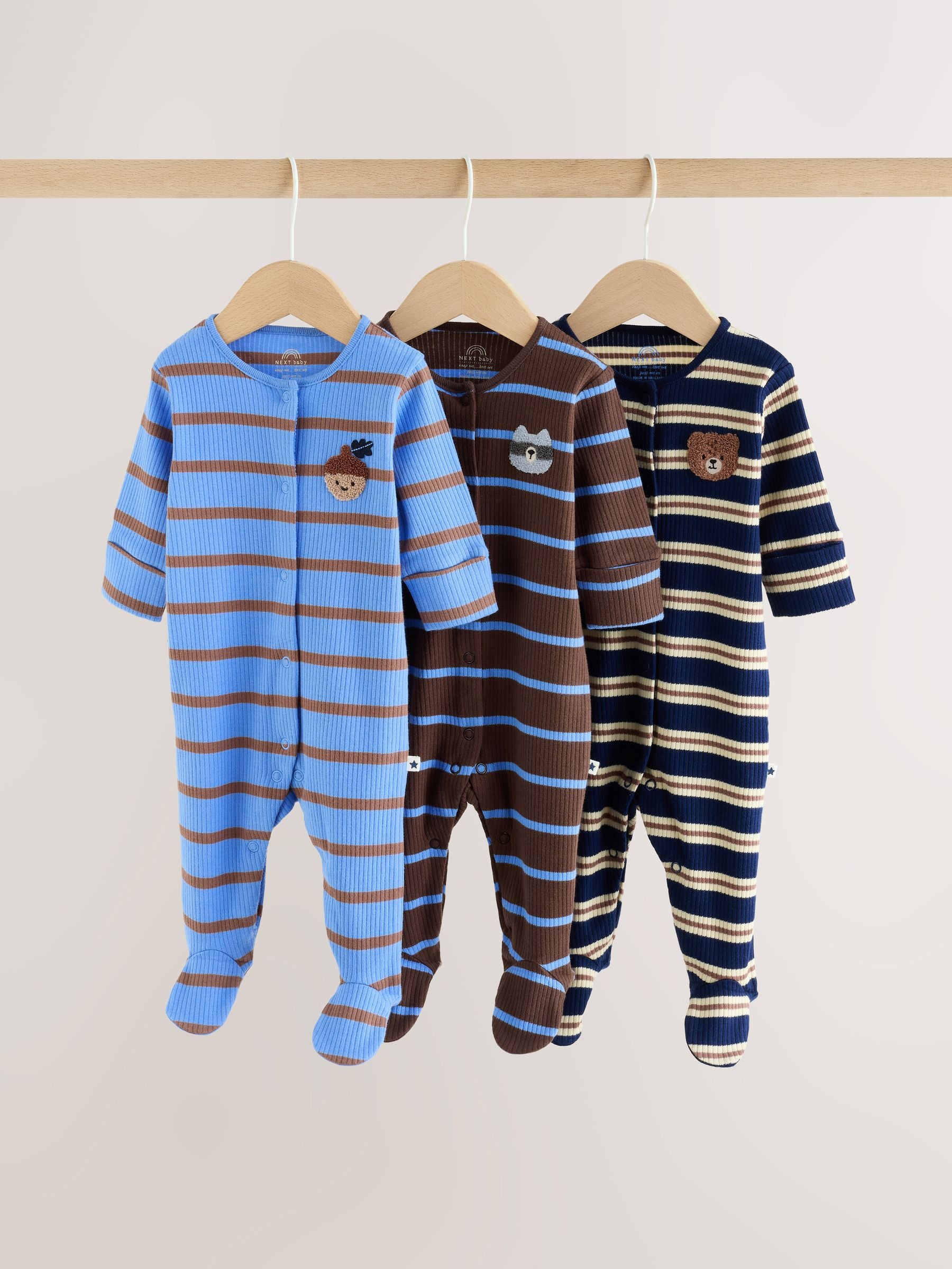 Blue/Brown Stripe Baby Sleepsuit 3 Pack (0mths-2yrs) image 1
