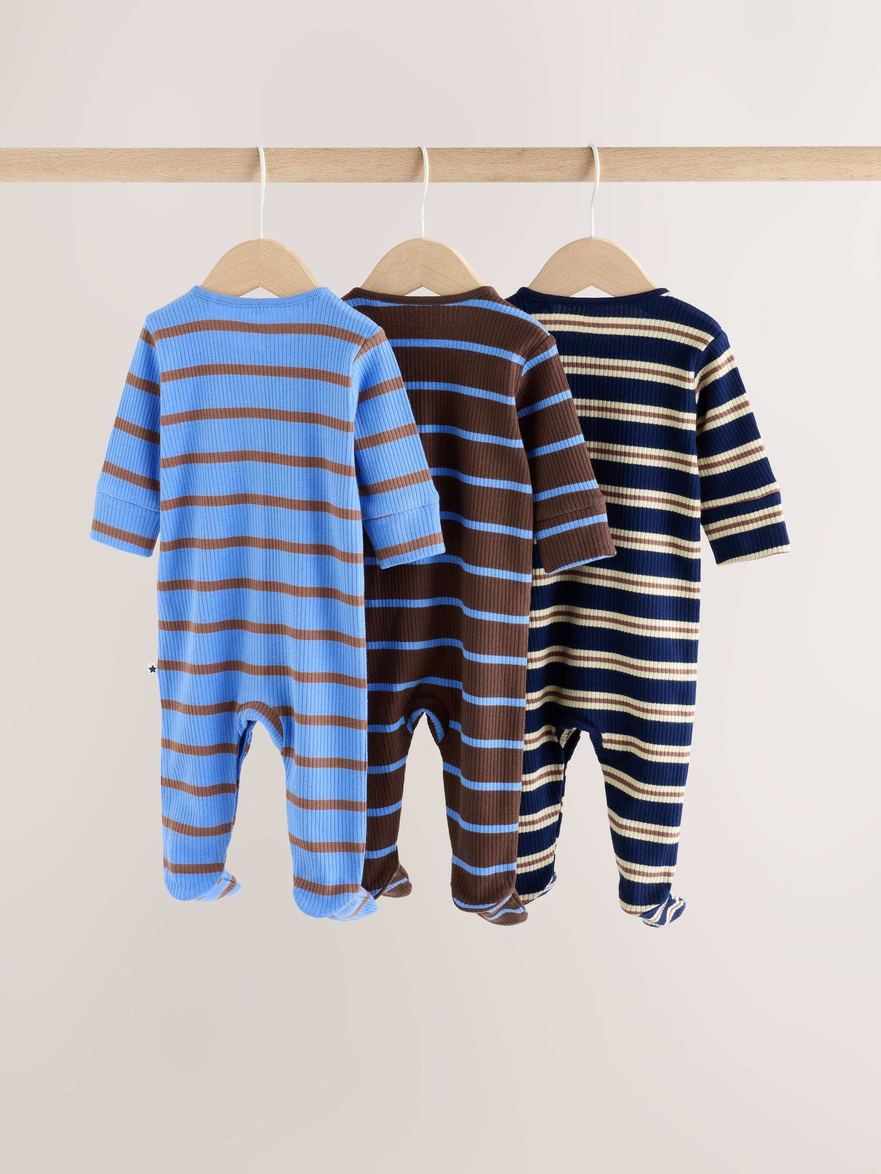 Blue/Brown Stripe Baby Sleepsuit 3 Pack (0mths-2yrs) image 2