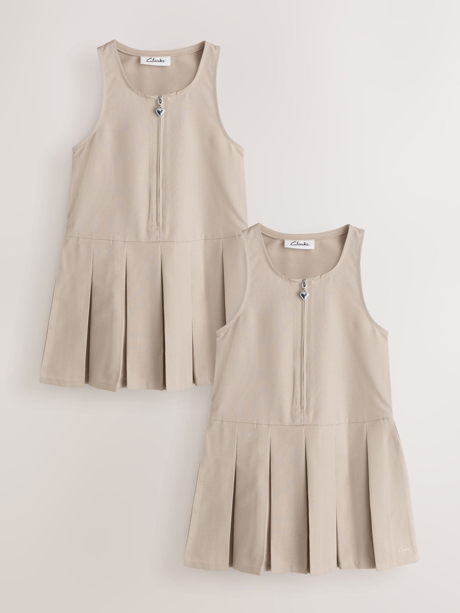 Clarks Stone Girls Zip Front Pleated School Pinafores Dresses 2 Pack image 1