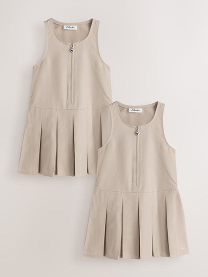 Clarks Stone Girls Zip Front Pleated School Pinafores Dresses 2 Pack image 1