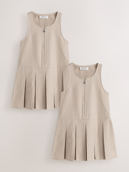Dsiney Kidz - Clarks Stone Girls Zip Front Pleated School Pinafores Dresses 2 Pack image 1