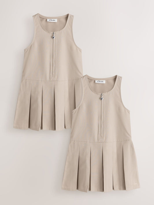 Clarks Stone Girls Zip Front Pleated School Pinafores Dresses 2 Pack image 1