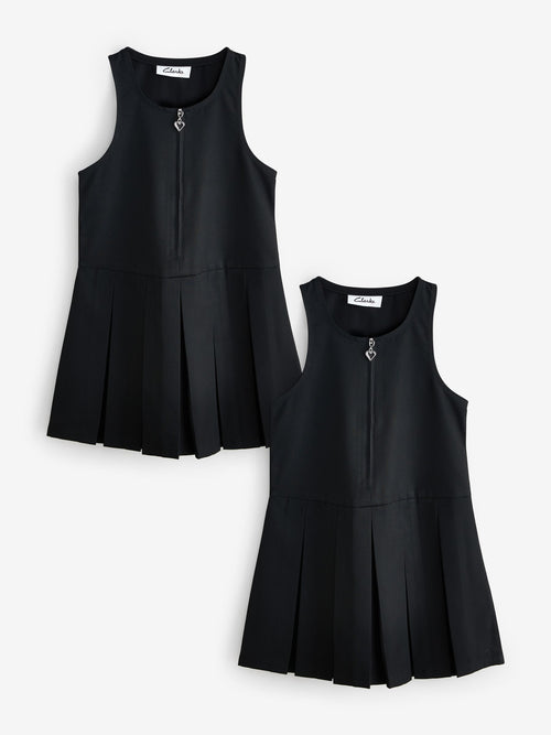 Dsiney Kidz - Clarks Black Girls Zip Front Pleated School Pinafores Dresses 2 Pack image 1