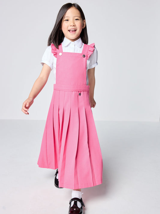 Clarks Pink Frill Shoulder Pleated Midi School Pinafore Dress image 1