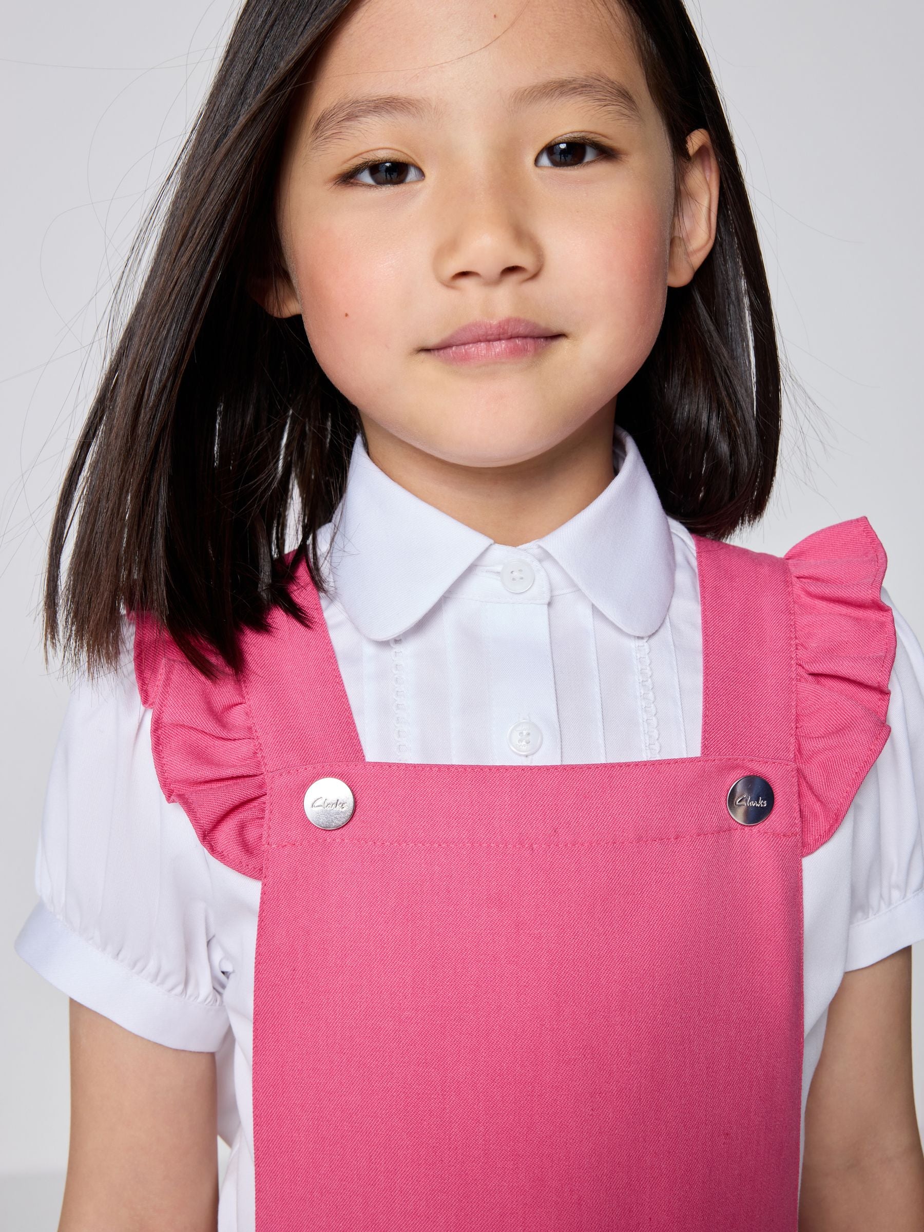 Clarks Pink Frill Shoulder Pleated Midi School Pinafore Dress image 3