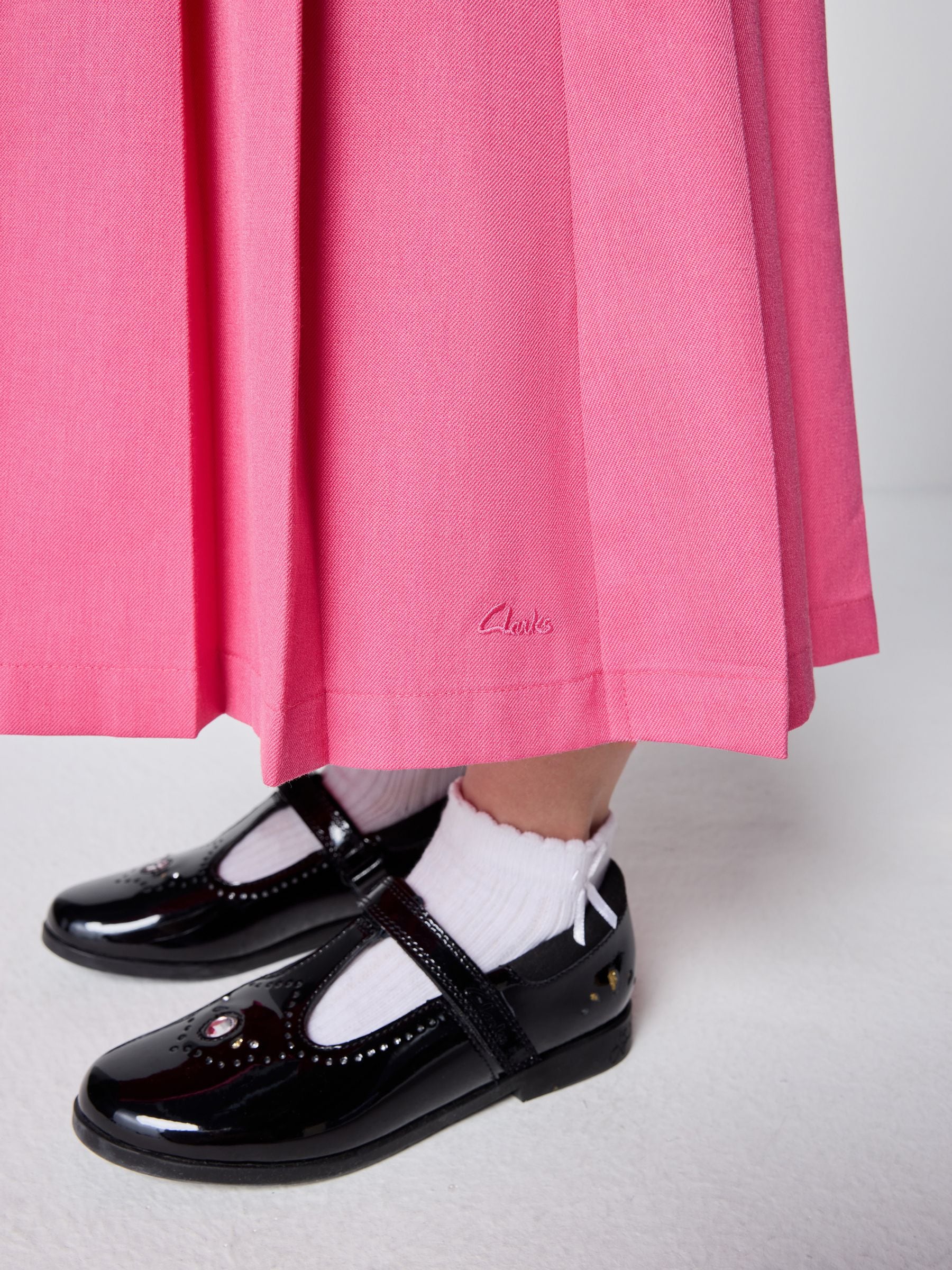 Clarks Pink Frill Shoulder Pleated Midi School Pinafore Dress image 5