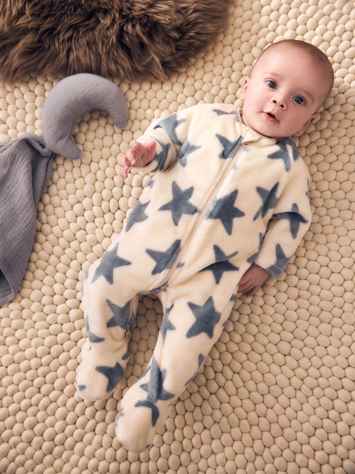 Neutral/Blue Star Fleece Baby Sleepsuit image 1