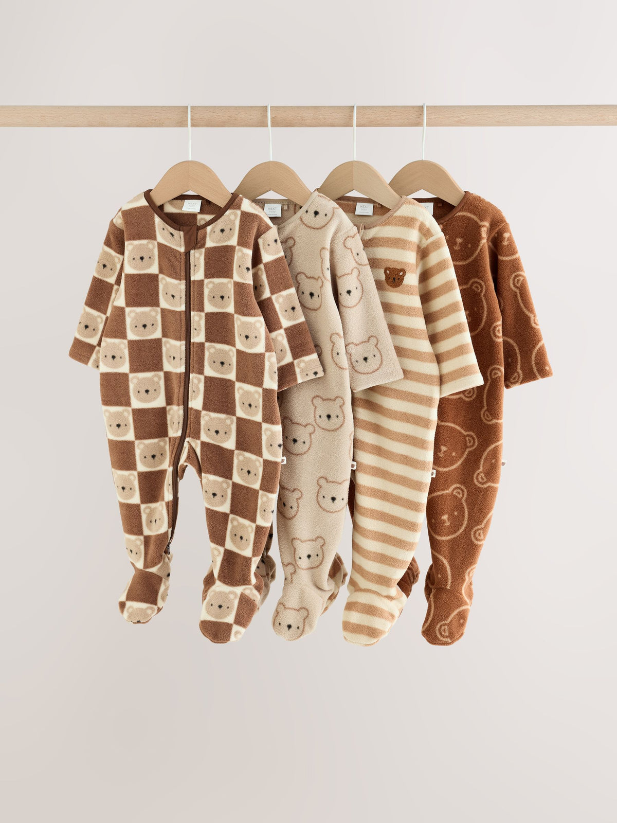 Brown Teddy Bear Micro Fleece Two Way Zip Baby Sleepsuits 4 Pack - image 1