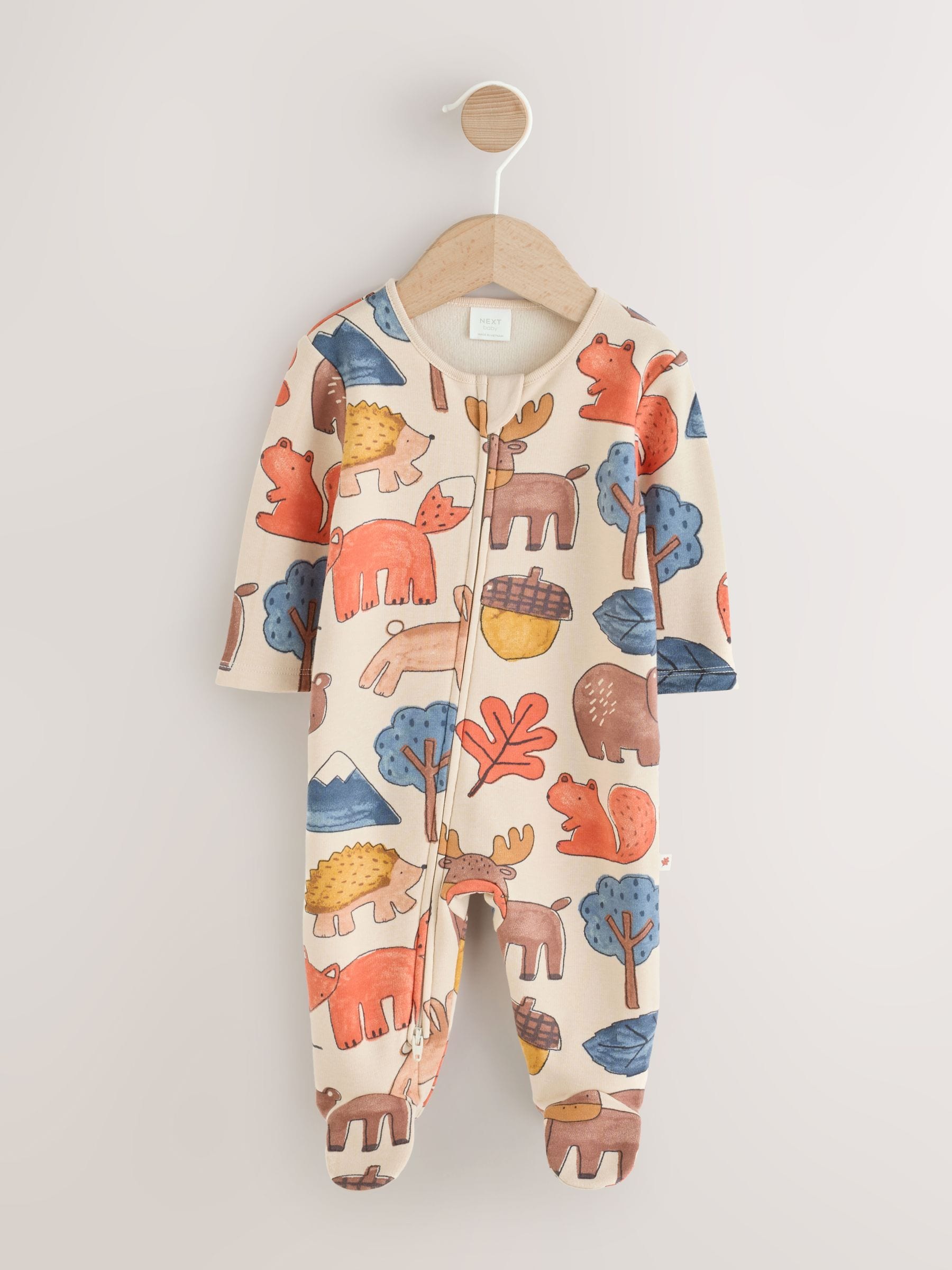Multi Woodland Animal Fleece Lined Two Way Zip Baby Sleepsuit image 1