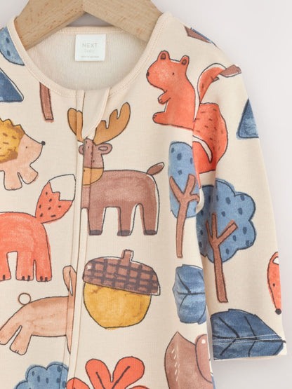 Multi Woodland Animal Fleece Lined Two Way Zip Baby Sleepsuit image 3