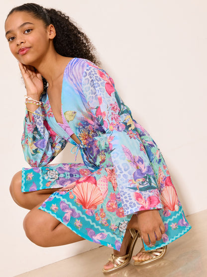 Dsiney Kidz - Lipsy Blue Sea Print Chiffon Kaftan (5-16yrs) image 4