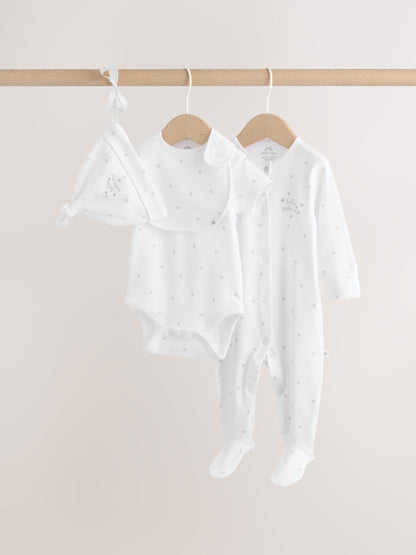 White Baby Sleepsuit, Bodysuit, Hat and Bib Set 4 Piece (0-9mths) image 1