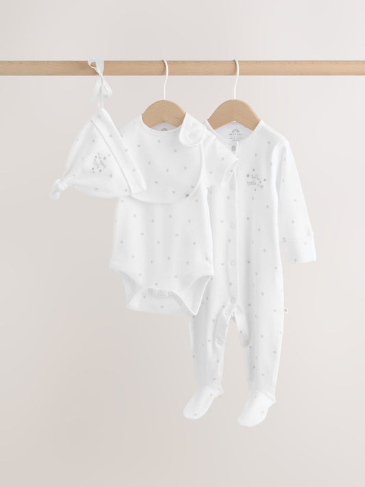 White Baby Sleepsuit, Bodysuit, Hat and Bib Set 4 Piece (0-9mths) image 1