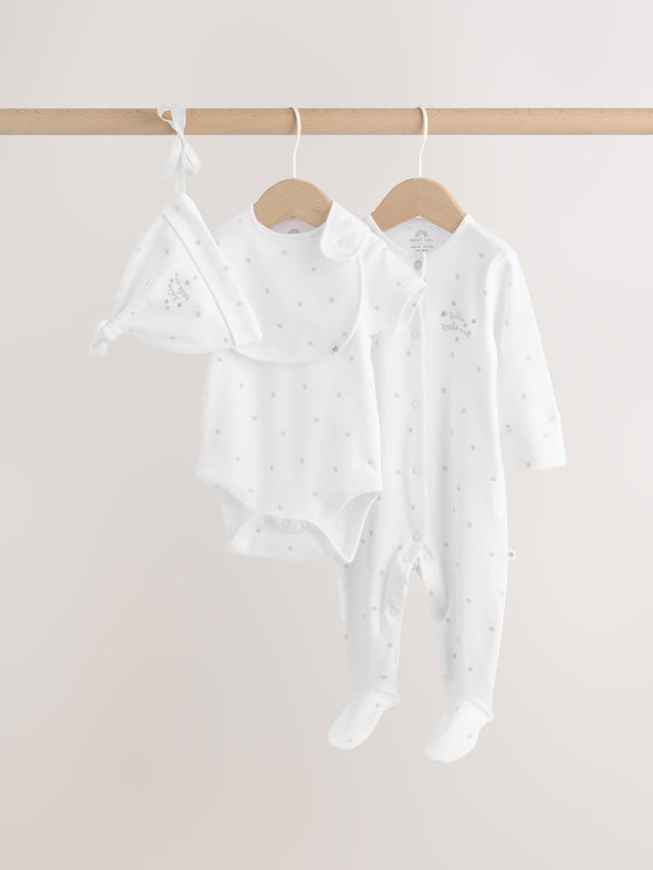 White Baby Sleepsuit, Bodysuit, Hat and Bib Set 4 Piece (0-9mths) image 1