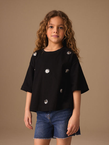 Dsiney Kidz - Black Flower Oversized Boxy Sequin T-Shirt (3-16yrs) image 1