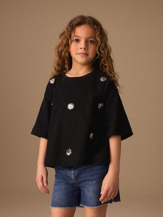 Dsiney Kidz - Black Flower Oversized Boxy Sequin T-Shirt (3-16yrs) image 1