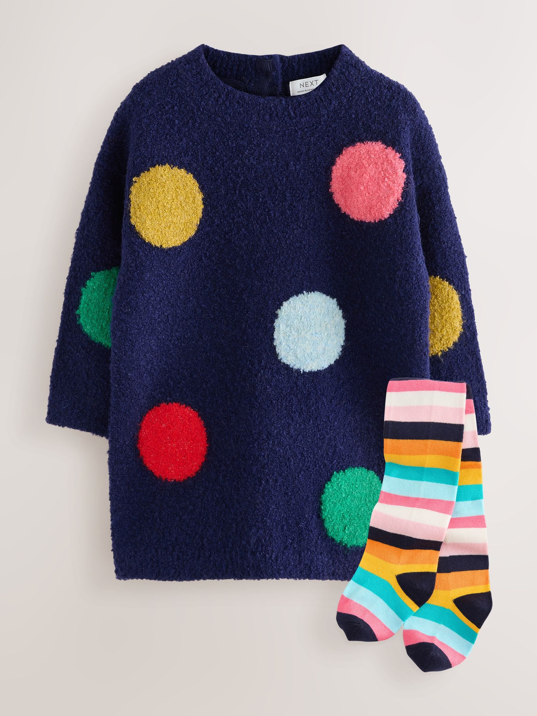 Dsiney Kidz - Navy Rainbow Spot Knitted Jumper Dress And Tights Set (3mths-7yrs) image 5
