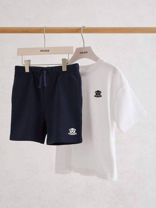 Reiss White/Navy Revlin Set 3-9 yrs Monogram Cotton T-Shirt And Shorts Set image 2