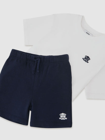 Reiss White/Navy Revlin Set 3-9 yrs Monogram Cotton T-Shirt And Shorts Set image 3