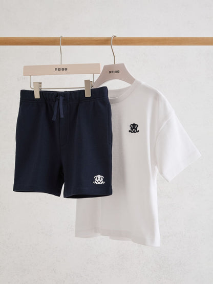 Reiss White/Navy Revlin Set 9-13 yrs Monogram Cotton T-Shirt And Shorts Set image 1