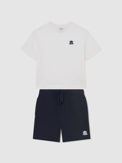 Reiss White/Navy Revlin Set 9-13 yrs Monogram Cotton T-Shirt And Shorts Set image 2