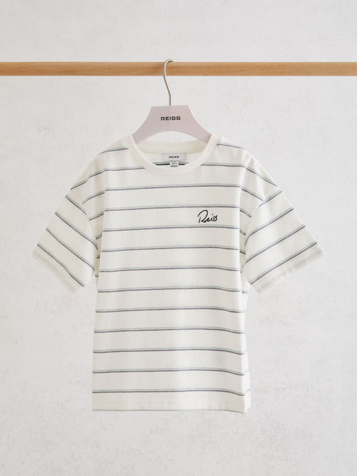 Reiss White Verdi 9-13 yrs Cotton Stripe Logo-Embroidered T-Shirt image 1