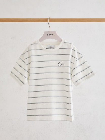 Reiss White Verdi 9-13 yrs Cotton Stripe Logo-Embroidered T-Shirt image 1