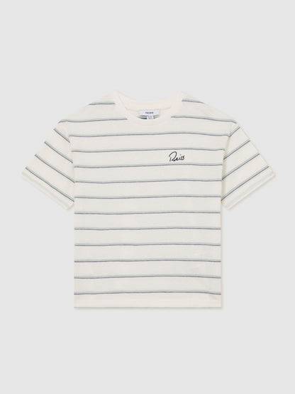 Reiss White Verdi 3-9 yrs Cotton Stripe Logo-Embroidered T-Shirt image 1