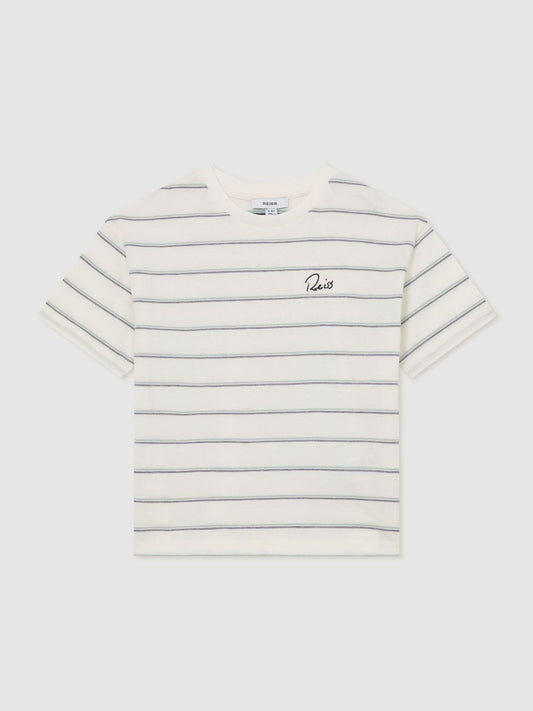Reiss White Verdi 3-9 yrs Cotton Stripe Logo-Embroidered T-Shirt image 1