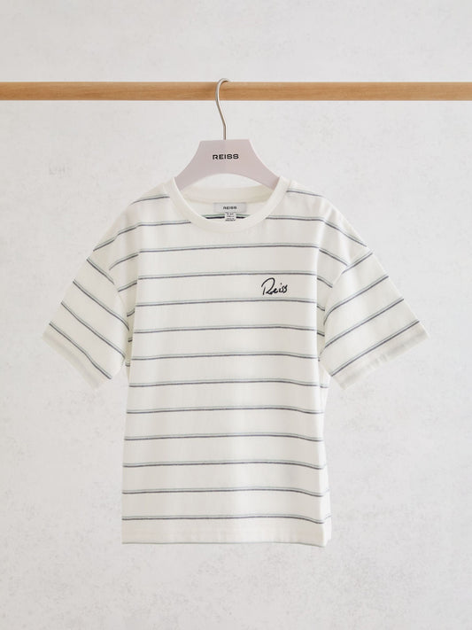Reiss White Verdi 3-9 yrs Cotton Stripe Logo-Embroidered T-Shirt image 2