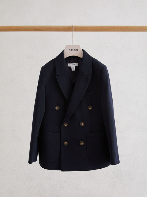 Reiss Navy Belmont J 9-13 yrs Double-Breasted Textured Blazer With Wool image 1