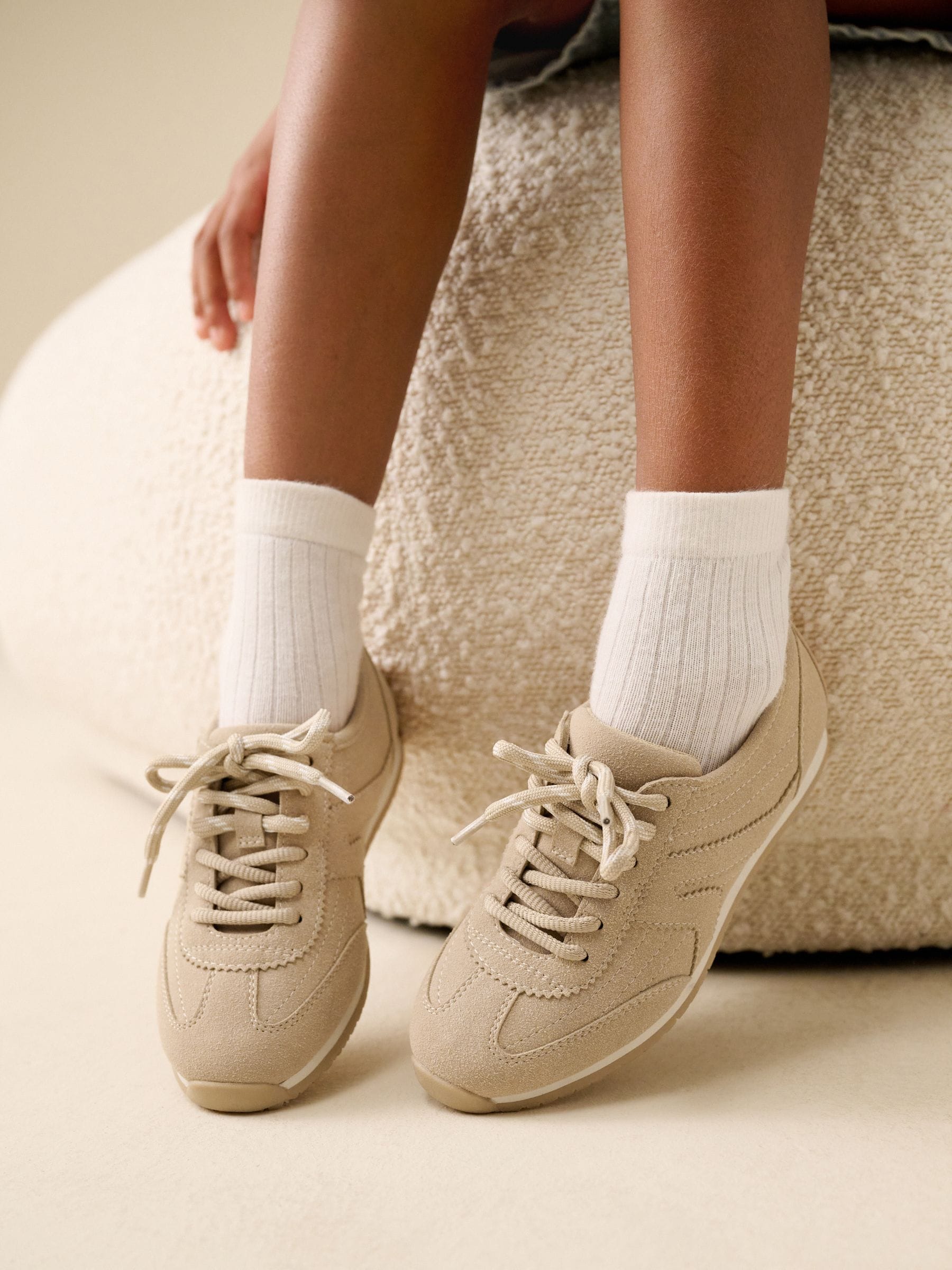 Beige Neutral Lace-up Retro Trainers image 1