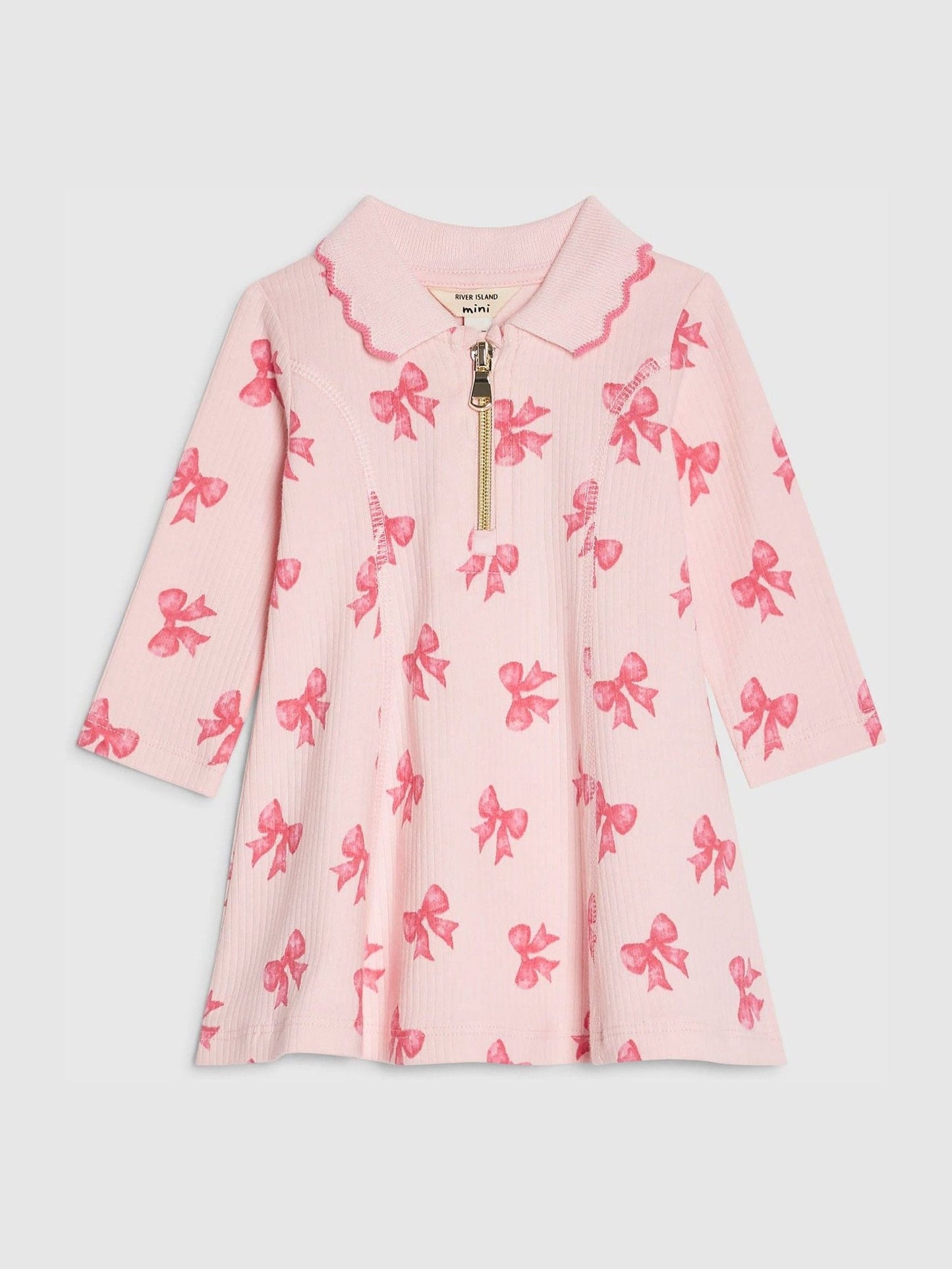 River Island Pink Long Sleeve Bow Collar Rib Dress image 1