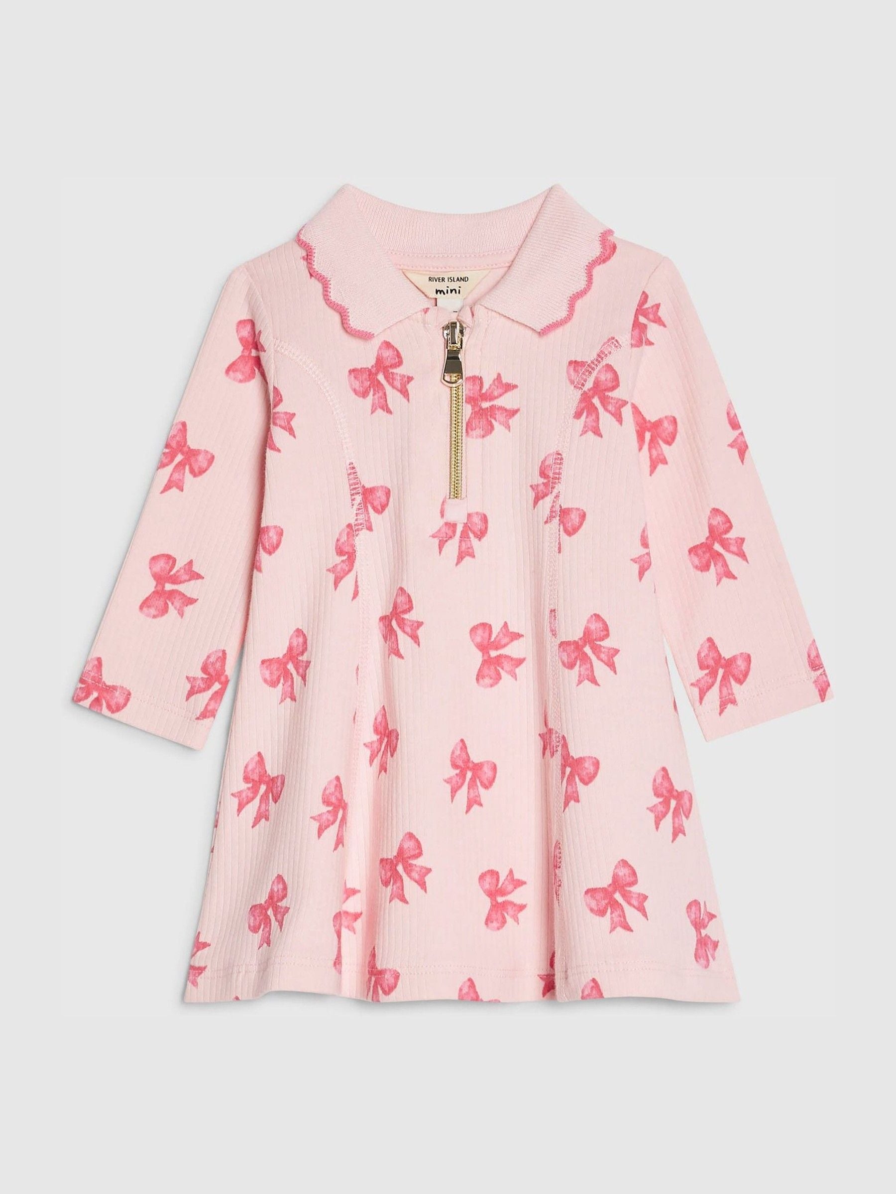 River Island Pink Long Sleeve Bow Collar Rib Dress image 1