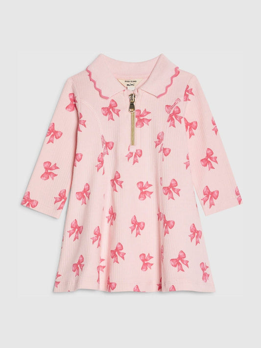 River Island Pink Long Sleeve Bow Collar Rib Dress image 1