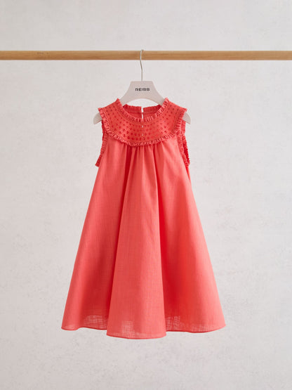 Reiss Coral Pink Larna 3-9 yrs Cotton Cutwork-Embroidery Swing Dress image 2