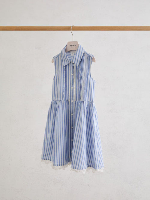 Reiss Blue/White Juliette Cotton Striped Lace-Trim Shirt Dress image 1