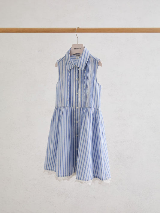 Reiss Blue/White Juliette Cotton Striped Lace-Trim Shirt Dress image 1